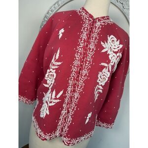 Vintage 1950s Women's Pink Beaded Sweater White Beads Jo Ro Miami Hand Loomed